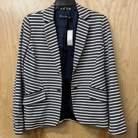 7th Avenue New York & Company BNWT Striped Blue & Cream Blazer Jacket Size 8 - Picture 1 of 7